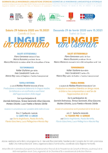 "Lingue in cammino" una giornata delle minoranze linguistiche il 29 febbraio a Susa "Lingue in cammino" una giornata delle minoranze linguistiche il 29 febbraio a Susa